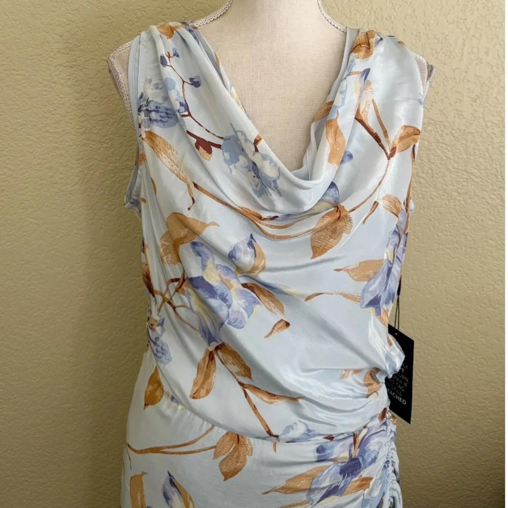White House Black Market Cowl Neck Ruched Midi Floral Dress Size 10 Light Blue - Picture 7 of 14